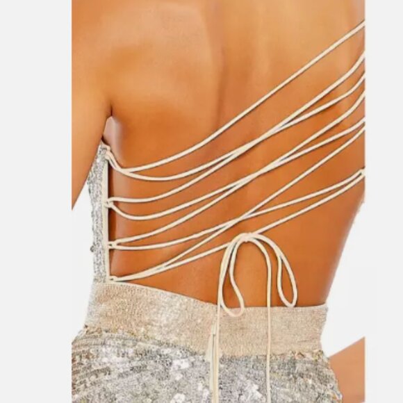 MAC DUGGAL 5687 ONE SHOULDER SEQUIN BEADED LACE-UP BACK NUDE SILVER GOWN sz 6 - Picture 3 of 5